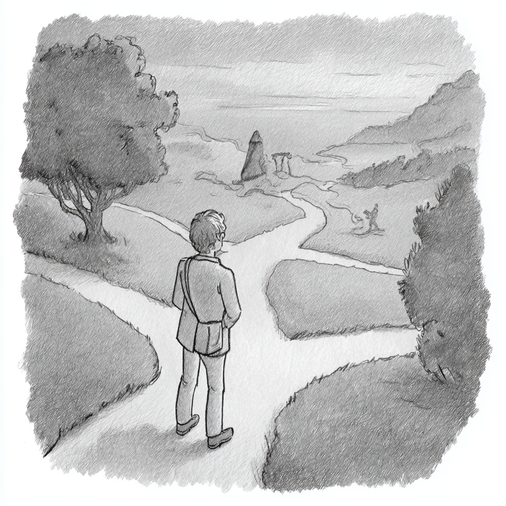 Black and white illustration of a man standing in front of several possible walking paths