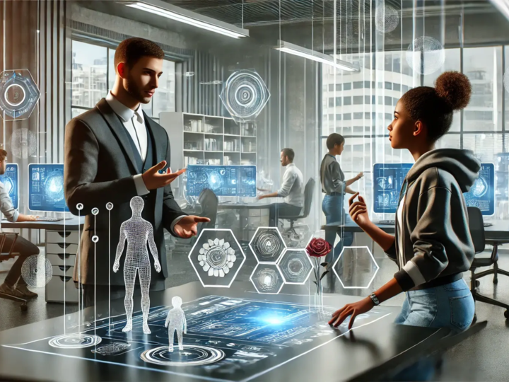 An AI-generated illustration created by DALL-E. A close-up horizontal illustration of a futuristic innovation lab featuring two diverse individuals of different racial backgrounds collaborating.