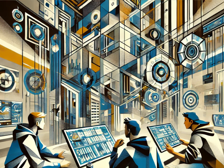 A colorful AI-generated illustration created by DALL-E. 3 young men in hoodies looking at graphics on a screen with geometric shapes overhead.
