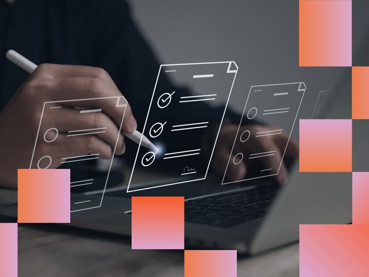graphic representation for a document with a stylus pointing to graphics with color overlay
