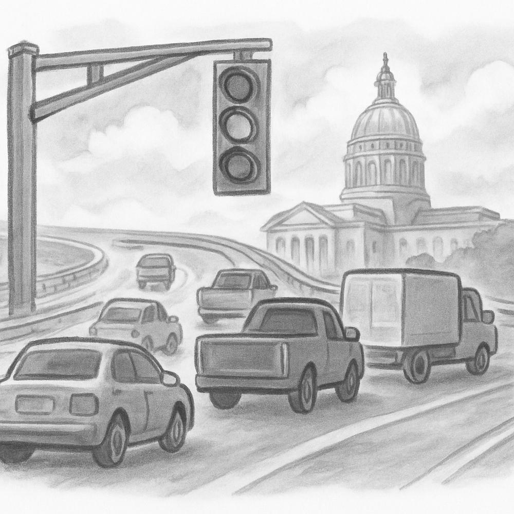 Cars on road drive through traffic light with capitol in the background