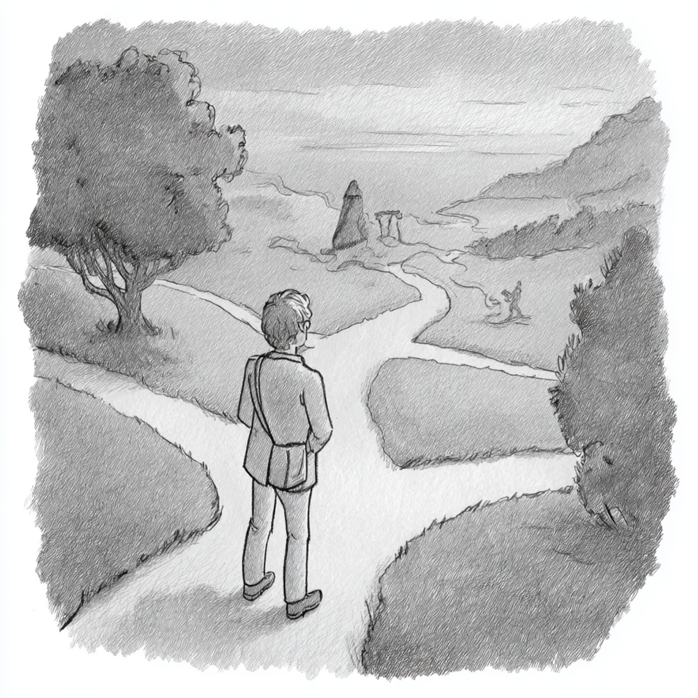 Black and white illustration of a man standing in front of several possible walking paths