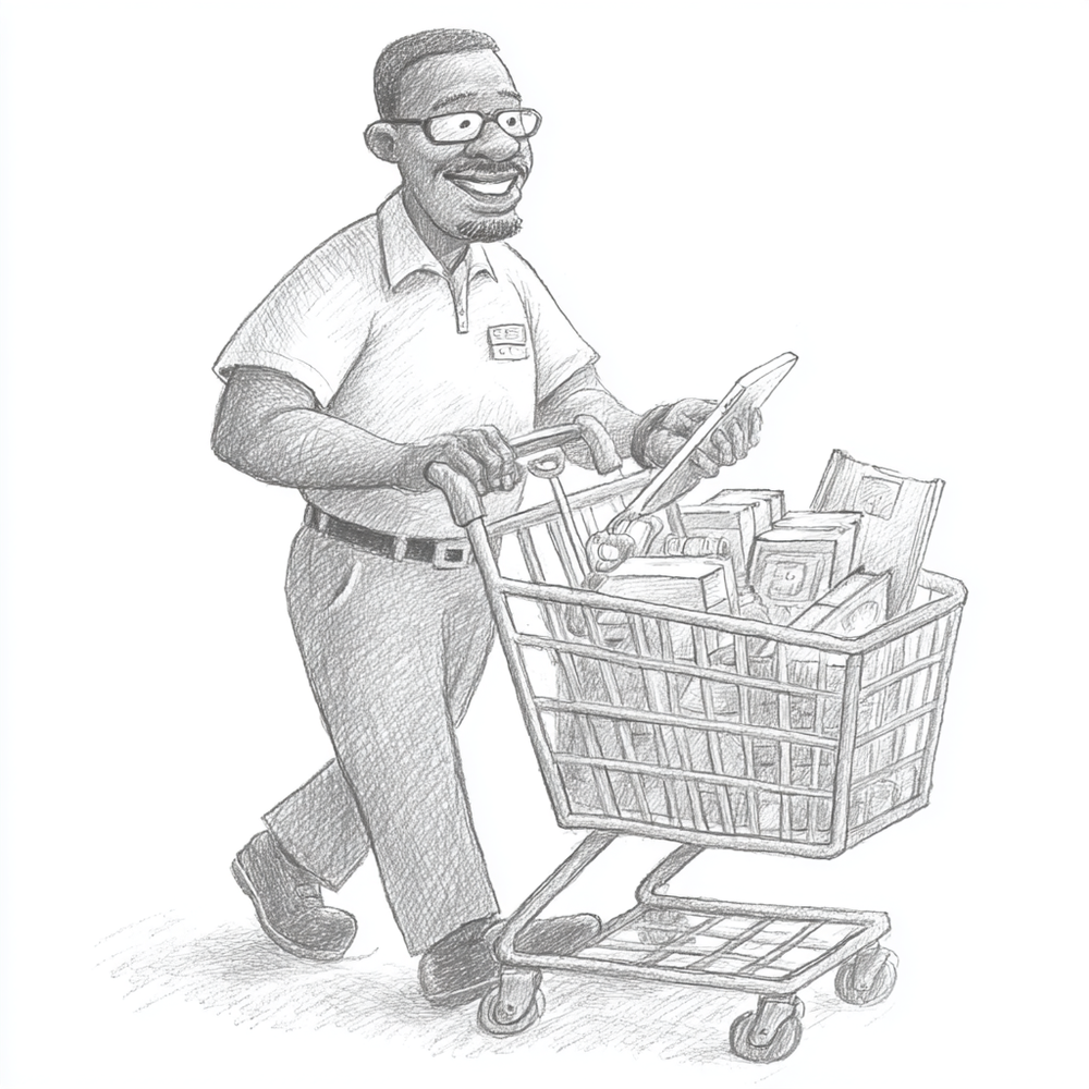 A man pushes a shopping cart full of products while looking at a list on his tablet